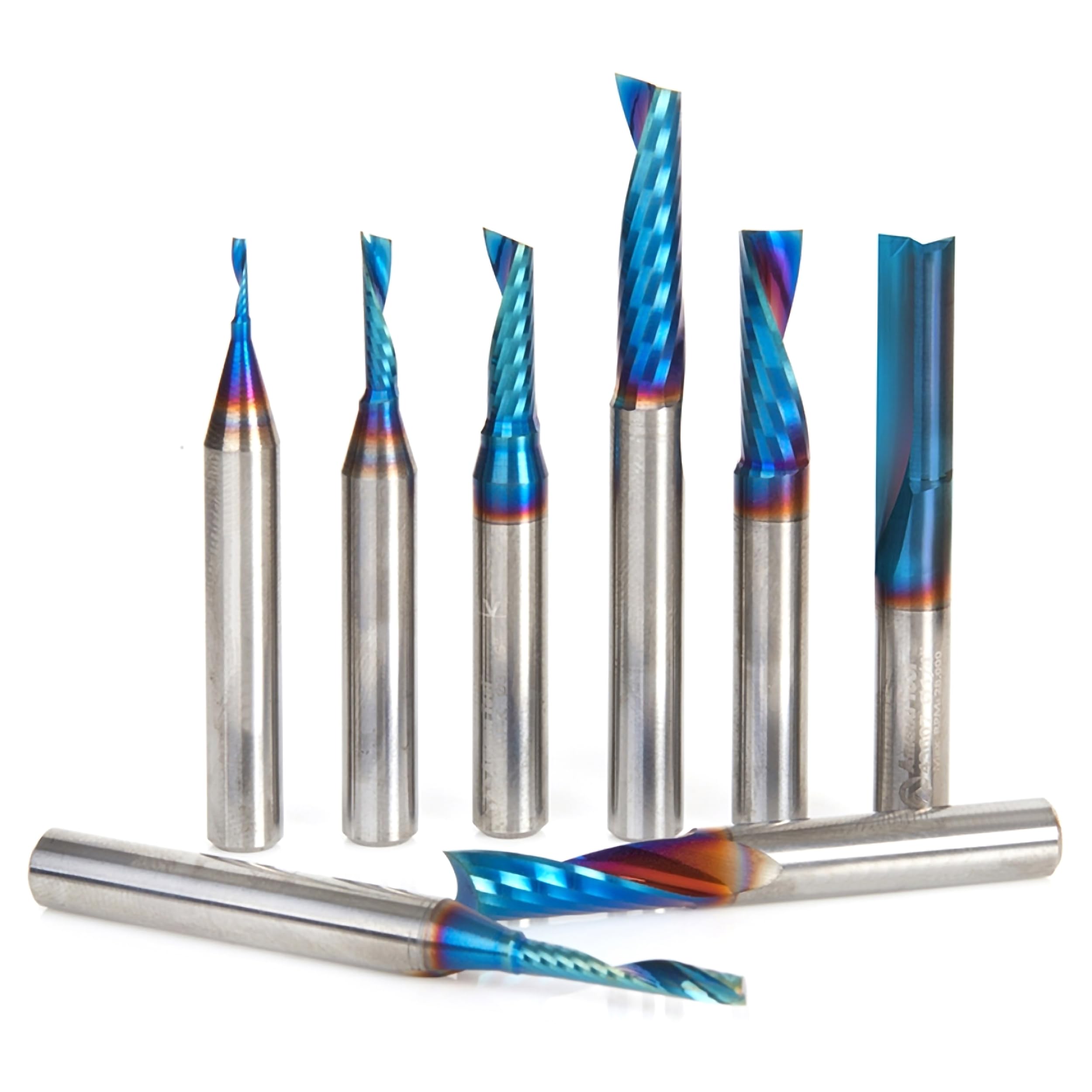 Amana Tool AMS-165-K 8-Pc CNC Spektra Extreme Tool Life Coated Plastic Cutting Solid Carbide Spiral O Flute 1/4 SHK Router Bit Collection