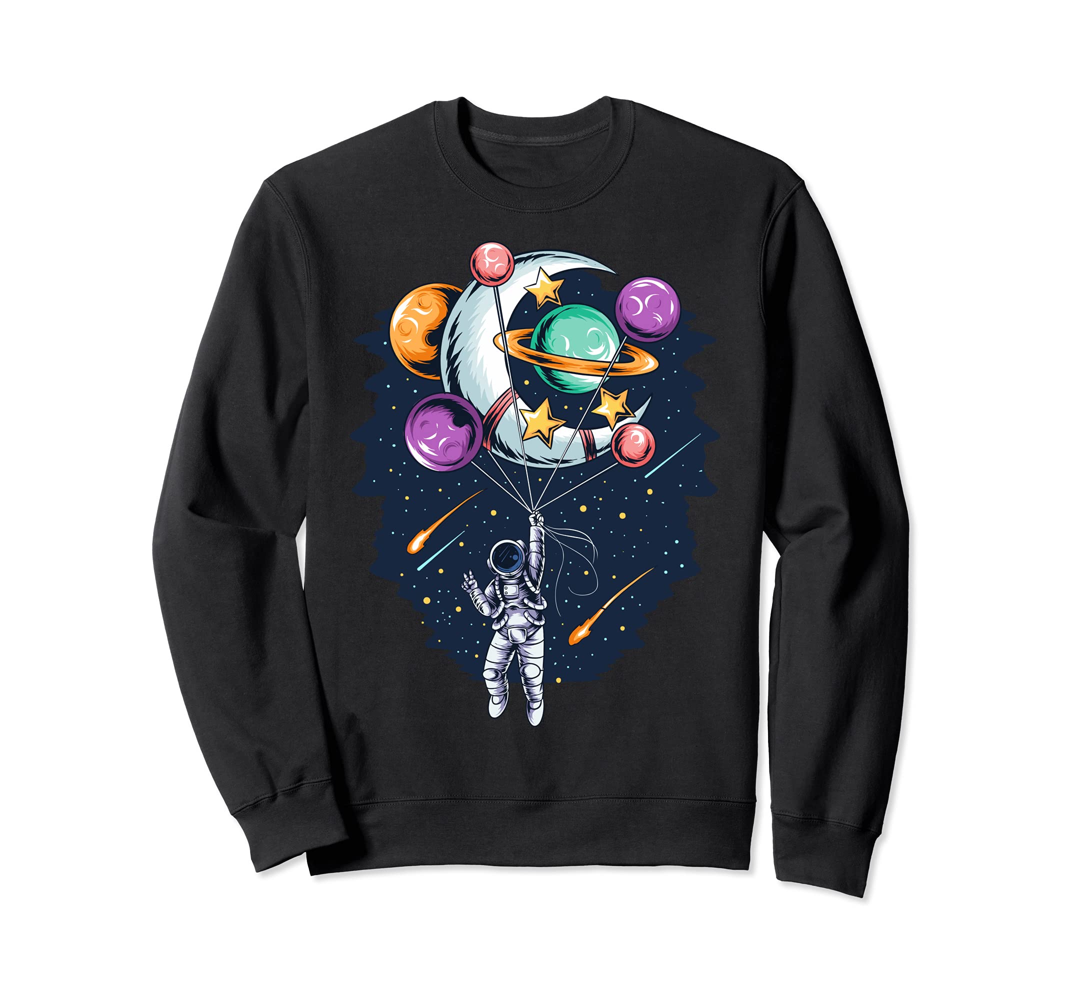 Space Astronaut Flying Holding Planet and Moon Balloons Sweatshirt