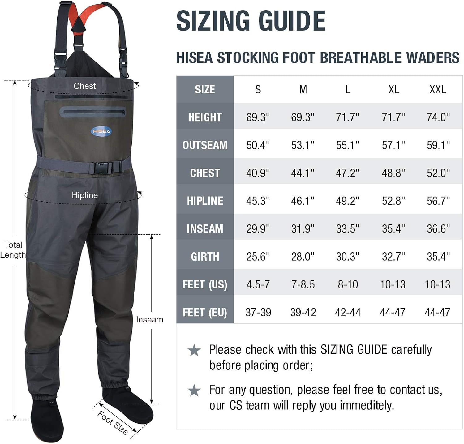 HISEA Fly Fishing Chest Waders Breathable Stocking Foot Wader without