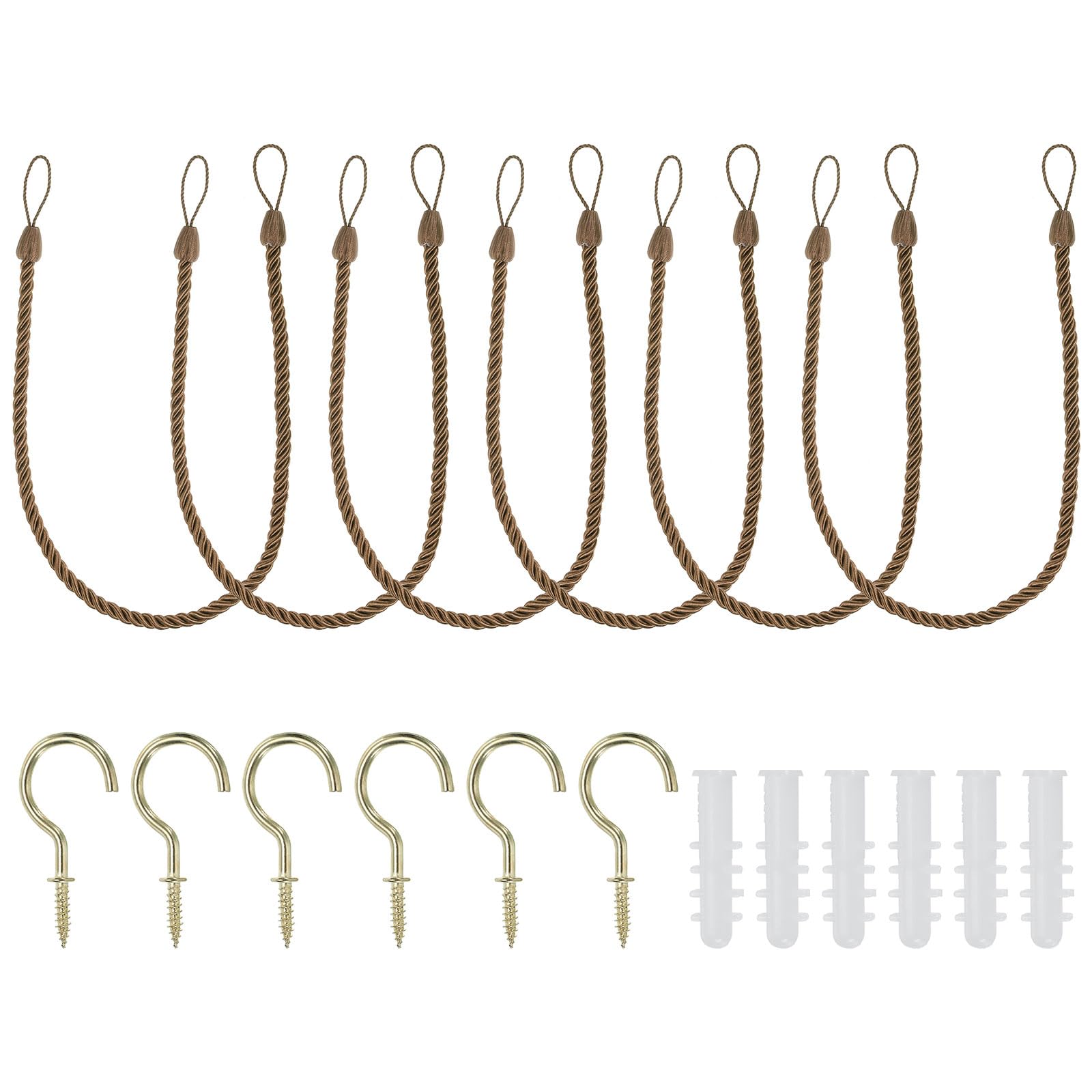 PATIKIL Curtain Tiebacks Ropes, 6 Pack Decorative Tie Backs Braided Curtain Holdback Cord for Home Office Decor, with Screw Hooks & Bolts, Khaki