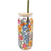 Vera Bradley Glass Tumbler with Straw and Lid, 20 oz Ice Coffee Cup, Cute Glass Cup with Bamboo Lid (Meadow Bouquet)