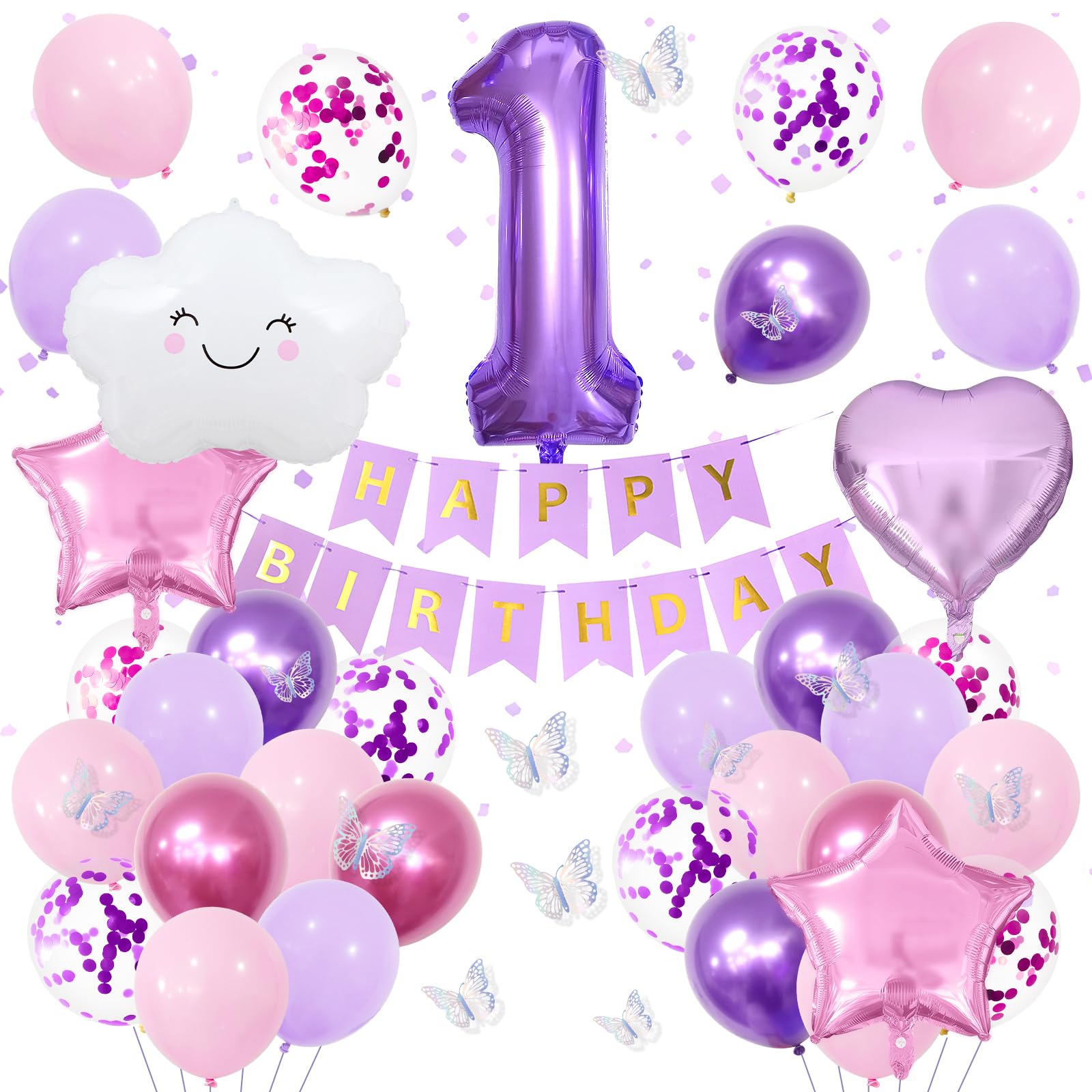 1st Purple Birthday Decorations for Girls, Pink Purple Party Decor with Number 1 Balloon, Butterfly Stickers, White Cloud Balloon, Star & Heart Foil Balloons, Birthday Banner Party Supplies — image 1