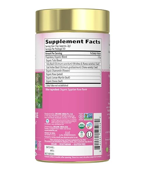 ORGANIC INDIA TULSI SWEET ROSE HERBAL TEA – HOLY BASIL LEAF, AFRICAN BASIL, CHAMOMILIE, LEMON MYRTLE, STRESS RELIEVING, IMMUNE SUPPORT, USDA CERTIFIED ORGANIC, CAFFEINE-FREE – 3.5 OZ CANISTER