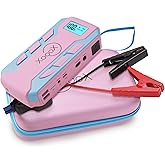 XoooX Pink Portable Car Battery Jump Starter Kit with Jumper Cables, LED Light and Case; 12V Jump Start Battery Pack; Portable Battery Charger for USB/USB-C Devices