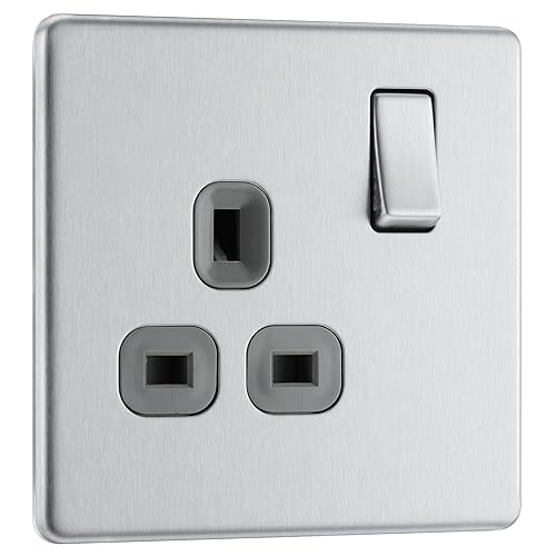 BG Electrical Single Switched Power Plug Wall Socket, Screwless Front Plate, Slim Profile, Premium Flatplate, Brushed Steel, Grey Inserts, 13A, FBS21G