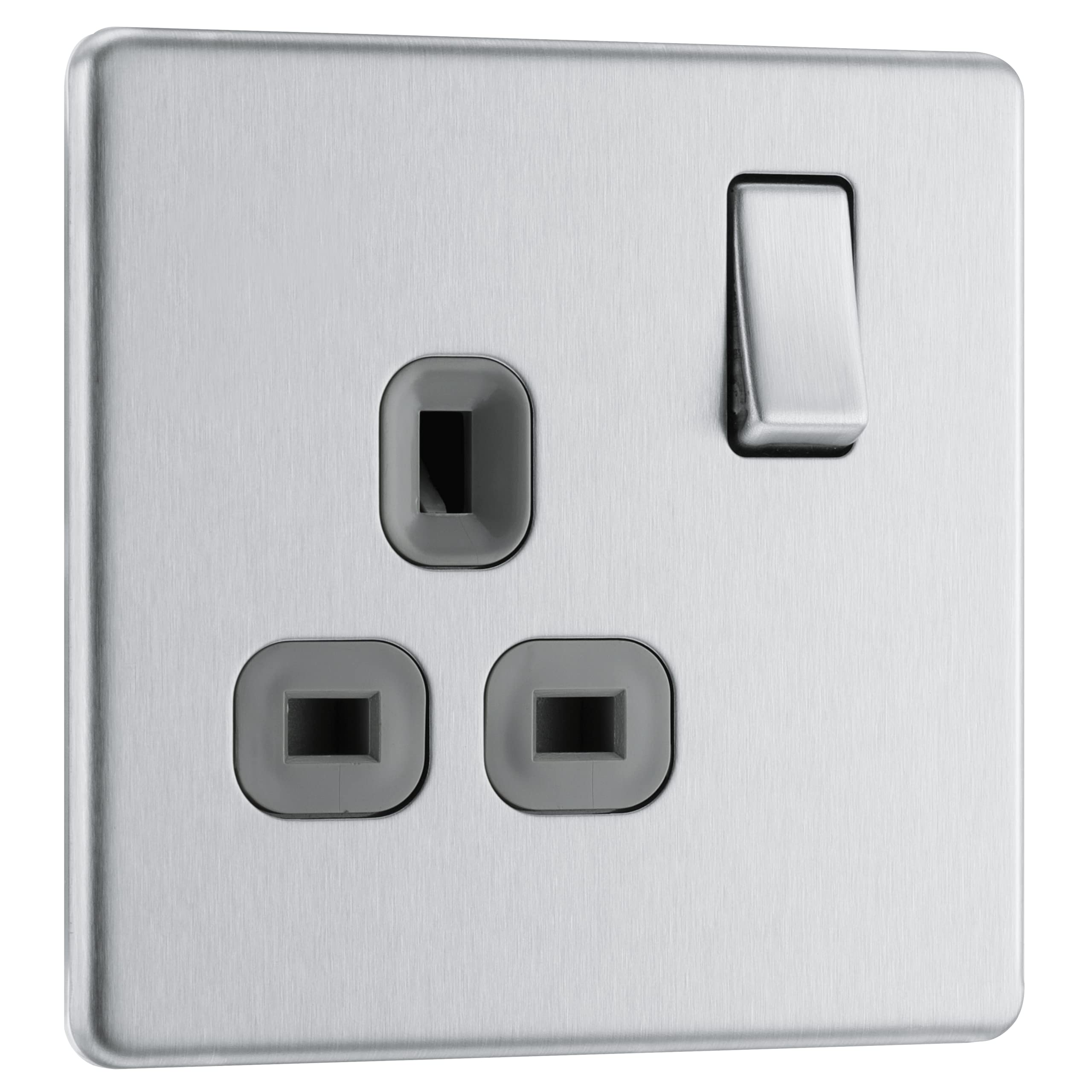 BG Electrical Single Switched Power Plug Wall Socket, Screwless Front Plate, Slim Profile, Premium Flatplate, Brushed Steel, Grey Inserts, 13A, FBS21G