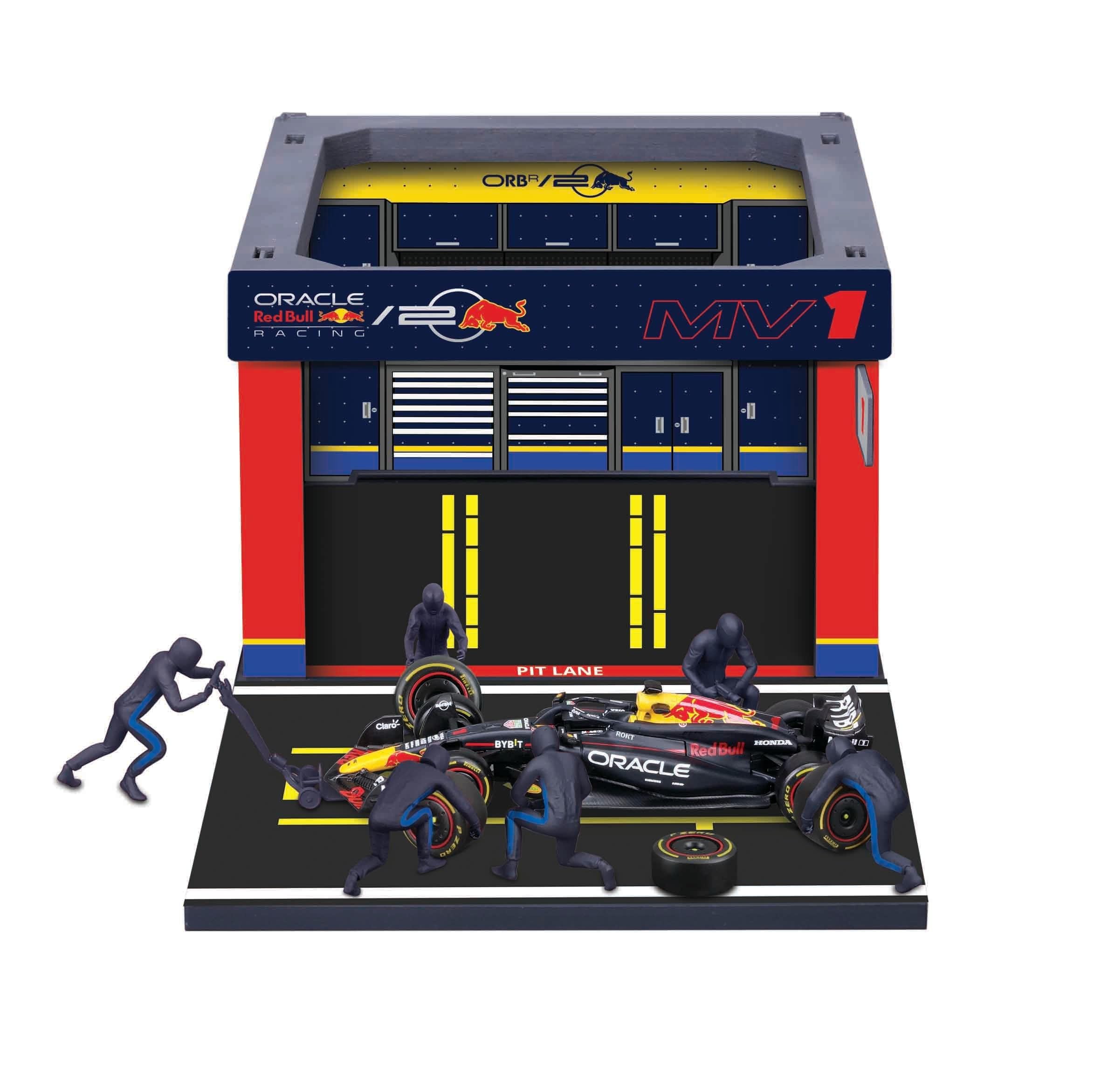 BBURAGO PIT STOP Red Bull RB20 (2024) #1 Verstappen, play set with diorama, 1:43 scale vehicle and 6 mechanics, detailed replica with official Red Bull licence, recommended age 3+ years