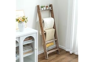 MyGift Decorative Ladder Shelf, 4.5 Foot Wall Leaning Wooden Towel Blanket Ladder Storage Rack for Bathroom or Living Room, Torched Brown Wood