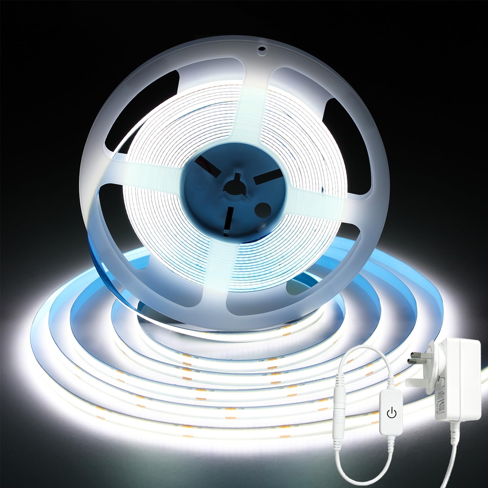 iNextStation 10M COB LED Strip Light, 24V Cool White 6000K LED Tape Lights with Plug, CRI93+ Super Bright Cuttable Dimmable Flexible Light Kit for TV Backlight Bedroom Cabinet Kitchen Mirror DIY Decor