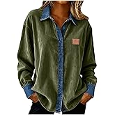 Women's Casual Corduroy Shacket Jacket Denim Trim Cardigan Shirts Flannel Blouses School Button-Down Shirts