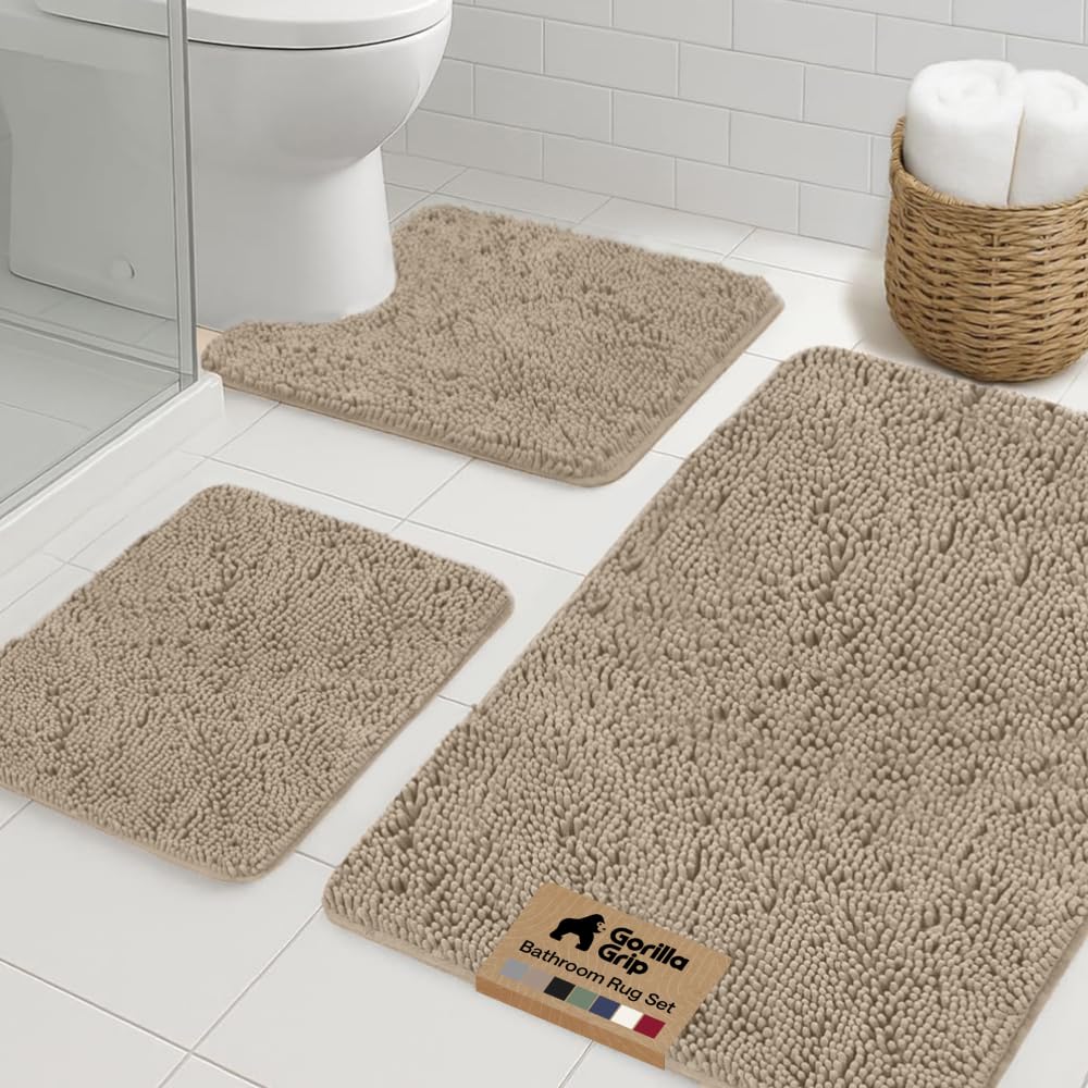 GORILLA GRIP Bathroom Rug Sets 3 Piece, Bath Mat Set and Oval Toilet Base with Rubber Backing, Plush Absorbent Shaggy Chenille Washable Mats, Includes 24x19.5, 24x17 and 36x24 Inch Rugs, Taupe