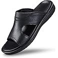 FIEEIF Men's Leather Slides Open Toe Outdoor Slippers Comfort Arch Support Retro Casual Flip Flops Summer Fisherman Slip On Sandals for Men
