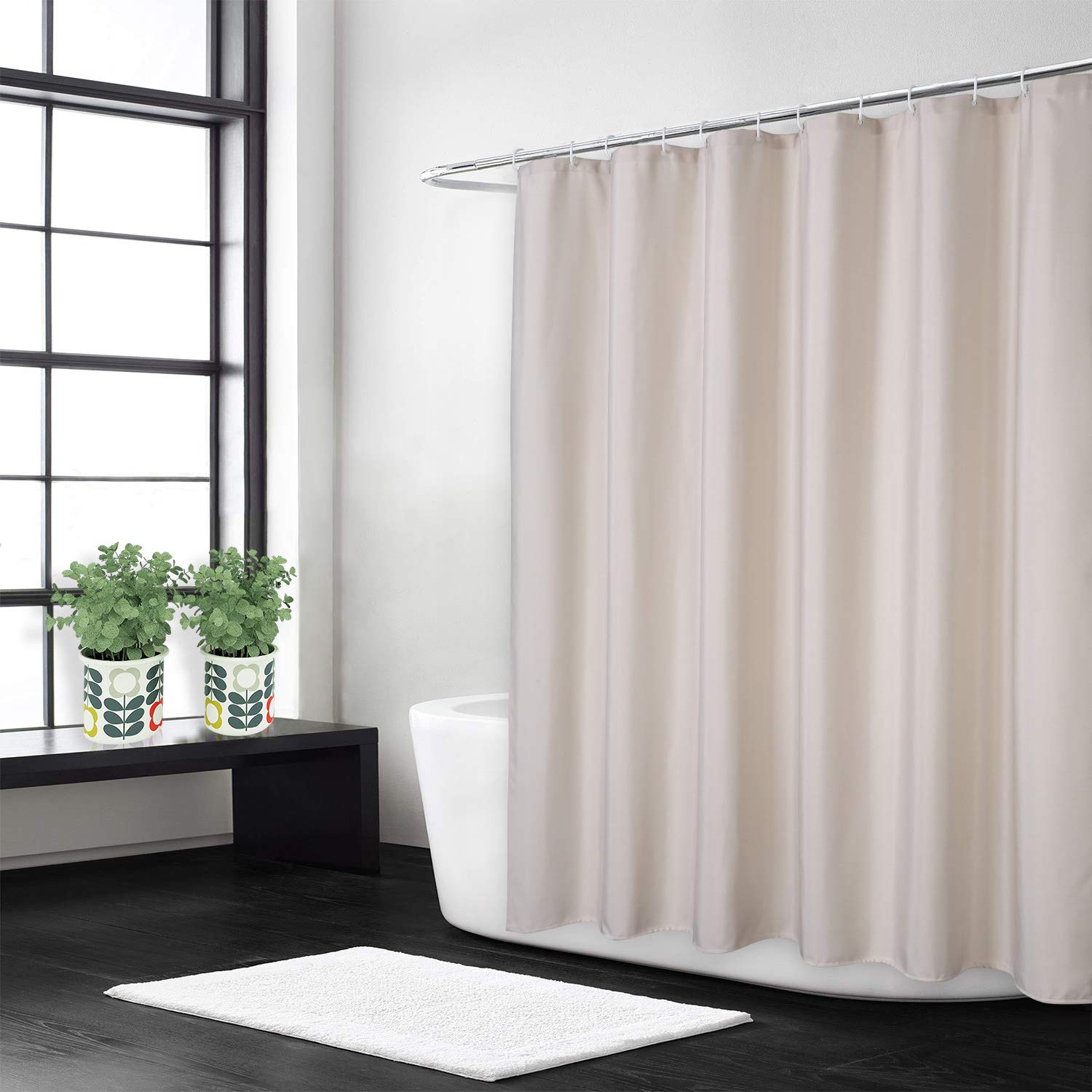 Flax Linen Like 240GSM Heavy Weight Fabric Shower Curtain for Bathroom with Hooks Hotel Luxury Washable, Ivory, 180x180 cm