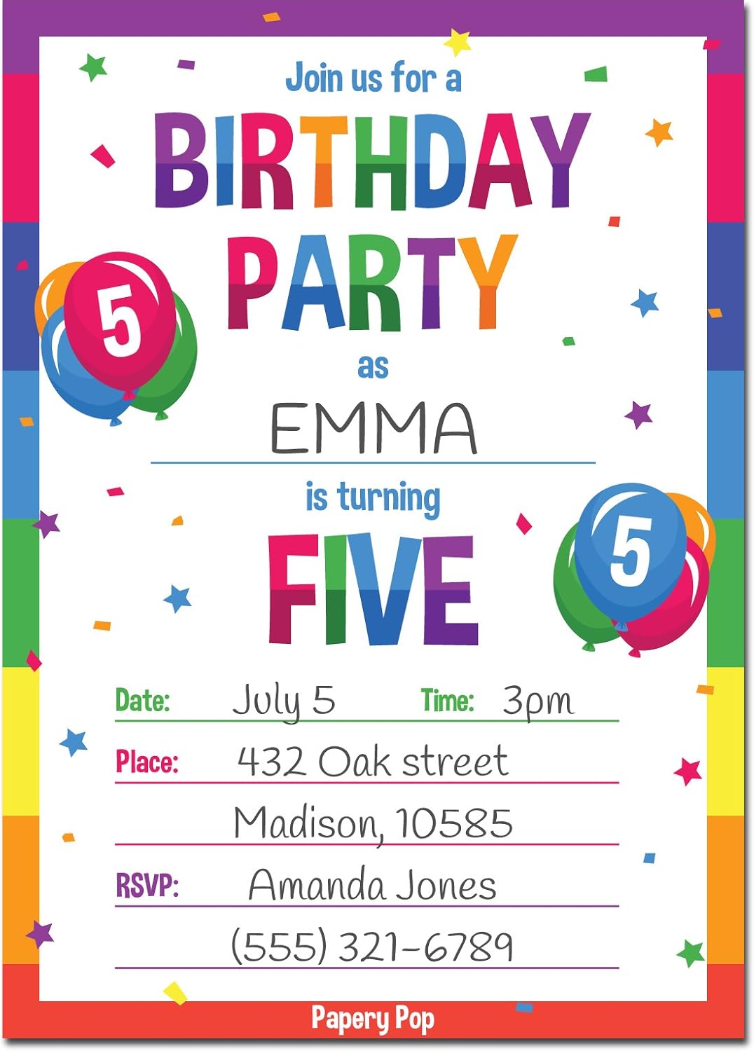 Amazon Com Papery Pop 5th Birthday Party Invitations With Envelopes 15 Count 5 Year Old Kids Birthday Invitations For Boys Or Girls Rainbow Toys Games
