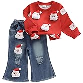 Afunbaby Toddler Baby Girl Christmas Outfits Fall Santa Embroidered Sweatshirt Bell Bottom Jeans Set Fall Winter Clothes