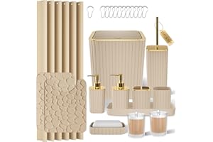 XLHOMO Bathroom Accessories Set - 25PC Bathroom Sets with Shower Curtain and Rugs, Beige Bathroom Accessories with Trash Can,