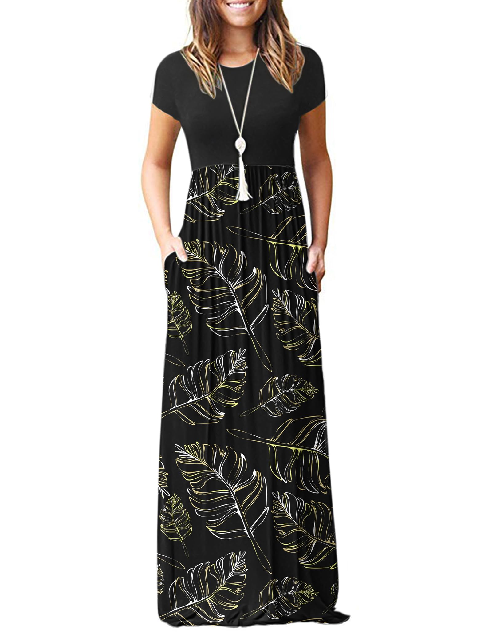 MISFAY Women Short Sleeve Loose Plain Maxi Dresses Casual Long Dresses Pockets(Bright Leaves,XL) Image