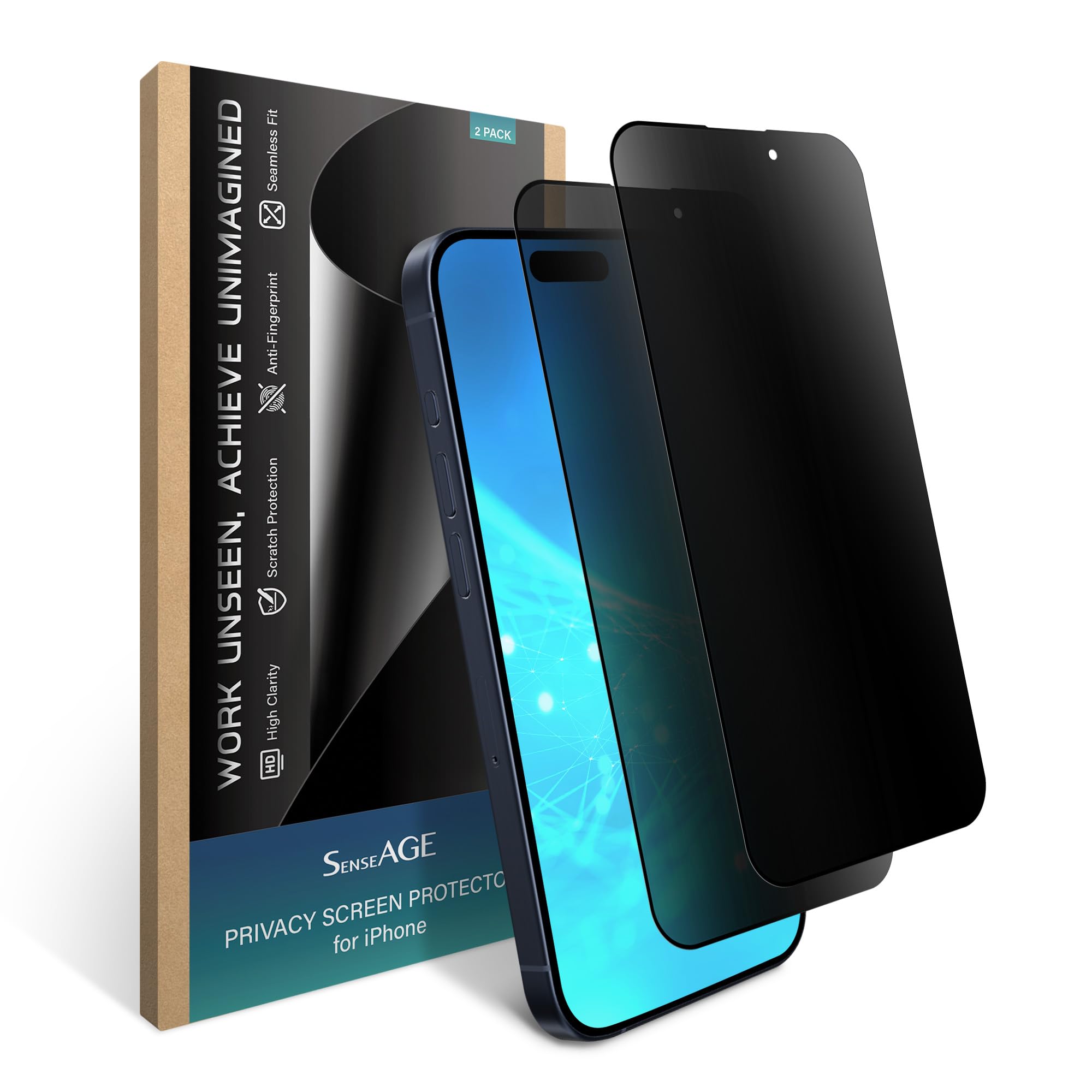 SenseAGE 2 Pack Privacy Screen Protector for iPhone, Anti Spy Private Aluminosilicate Glass, Anti-Scratch, Full Screen HD, Easy Installation, Case Friendly (iPhone 15 Pro [6.1 Inch])