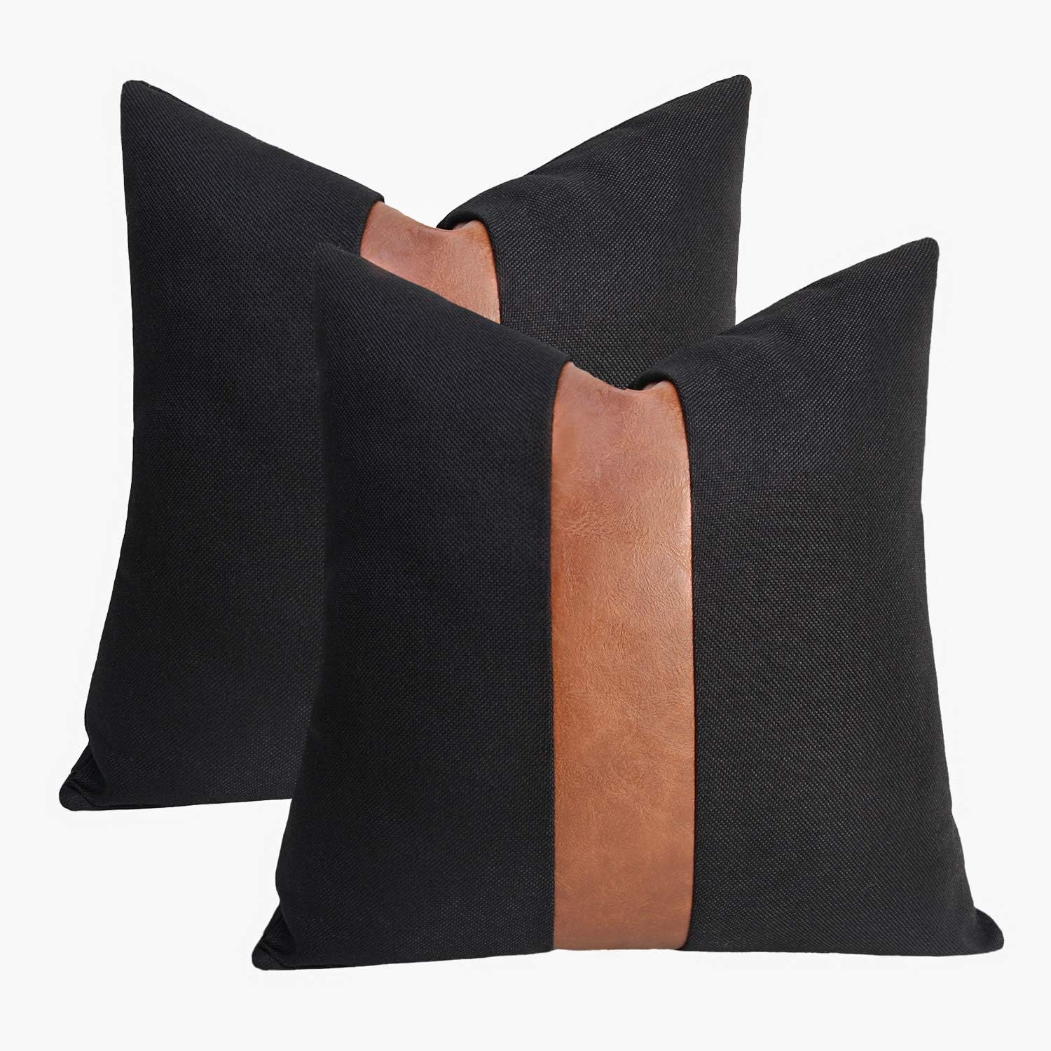 Photo 1 of Boho Decorative Throw Pillow Covers 24x24 inch Set of 2 Black Pillow Covers with Faux Leather Accent for Couch Sofa Bedroom Livingroom,Modern Farmhouse Decor