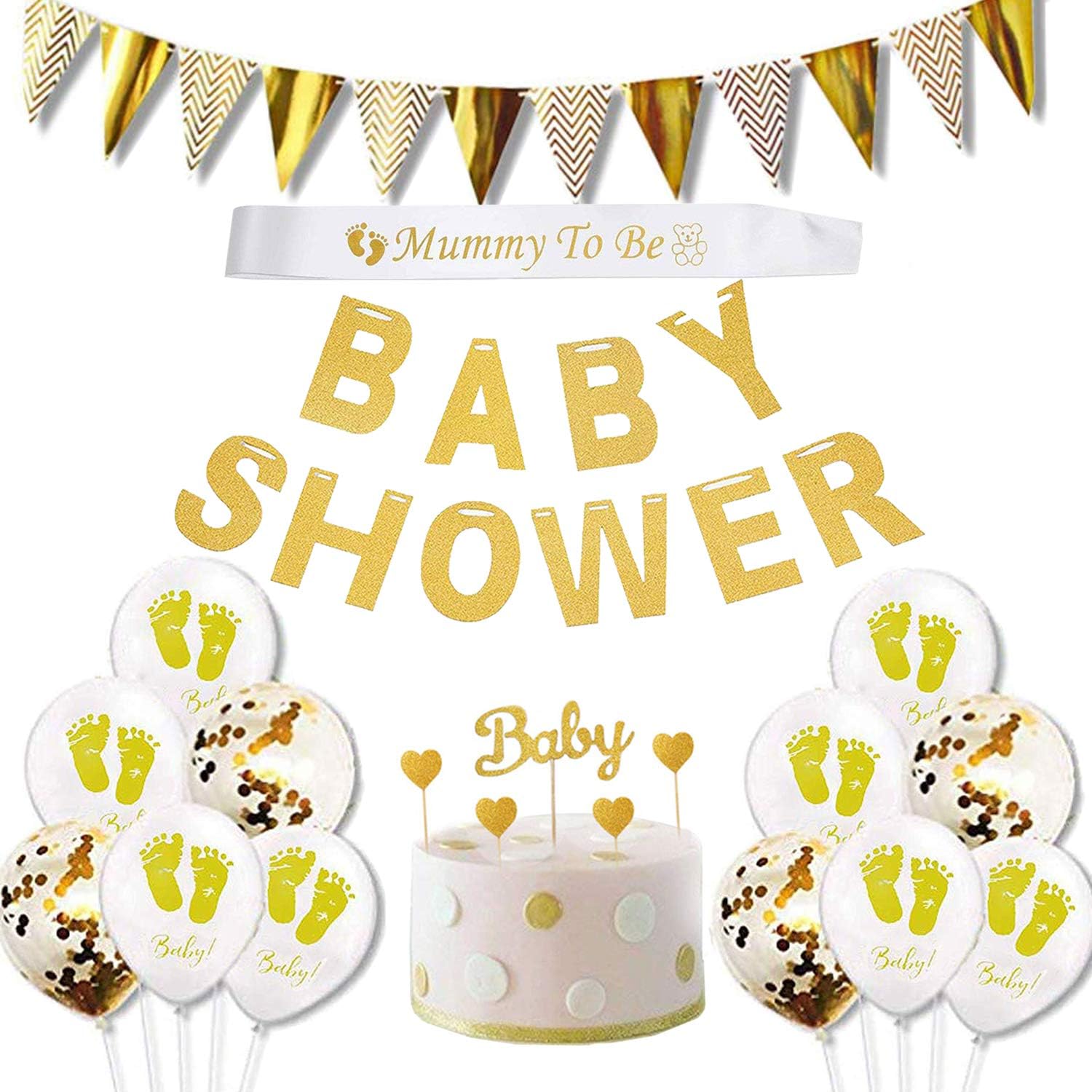 Baby Shower Decorations, Gold And White Gender Neutral Supplies Boy Or Girl with Baby Shower Letter Banner, “Mummy To Be” Sash Belt , Gold Confetti Balloons,Cake Toppers And Golden Glitter Pennant