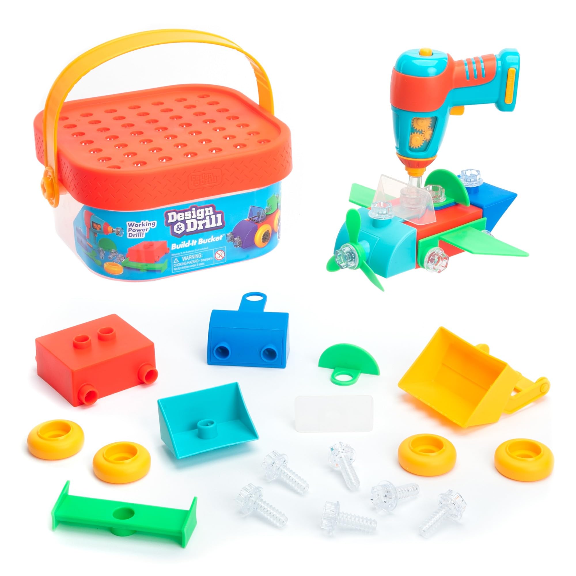 Learning Resources Design & Drill Build-It Bucket STEM Toy, 41 Pieces with Electric Drill Toy, Travel Toys for Boys & Girls, Ages 3+, Multicolor (4146)
