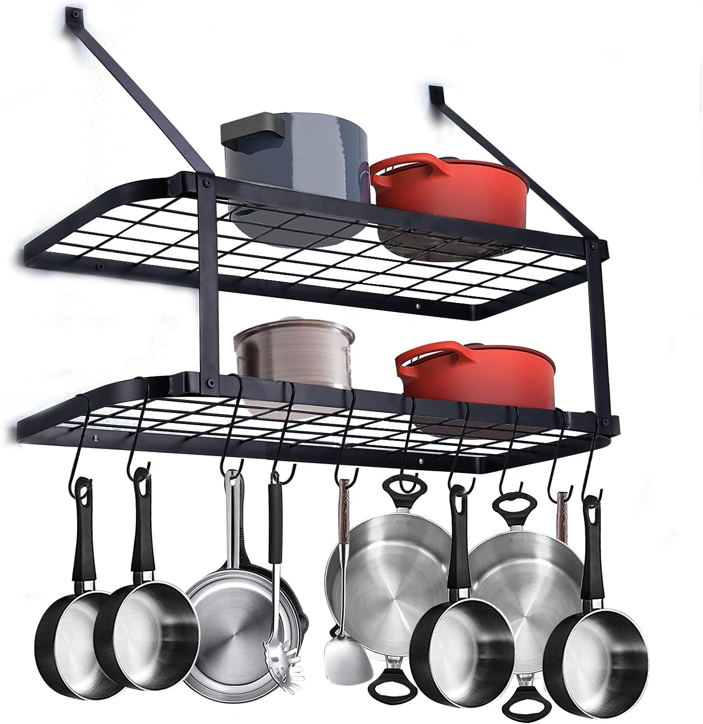Wall Mounted Pots and Pans Rack, 2-Tier Metal Wall Mounted Kitchen Shelves, 30 Inch Storage Organizer with 10 Hooks, Large Weight Capacity, Black