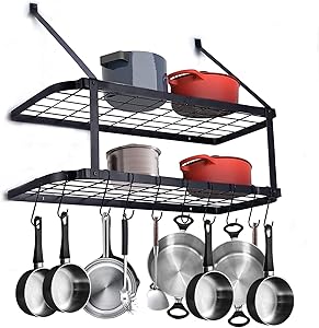 Wall Mounted Pots and Pans Rack, 2-Tier Metal Wall Mounted Kitchen Shelves, 30 Inch Storage Organizer with 10 Hooks, Large Weight Capacity, Black