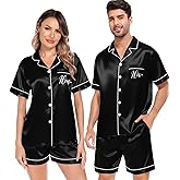 SWOMOG Satin Matching Pajamas Sets Couple Silk Button Down Nightwear Women & Men Short Sleeve Sleepwear 2 Pieces Loungewear