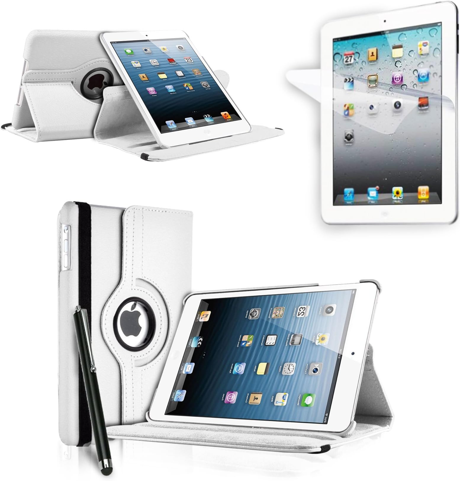 Haio 360 Apple Mini Ipad 2/3 Case Rotating Leather Stand Smart Cover for Apple Mini Ipad 2 / Mini Ipad 3 [Case Cover + Screen Protector + Stylus Pen] (WHITE)