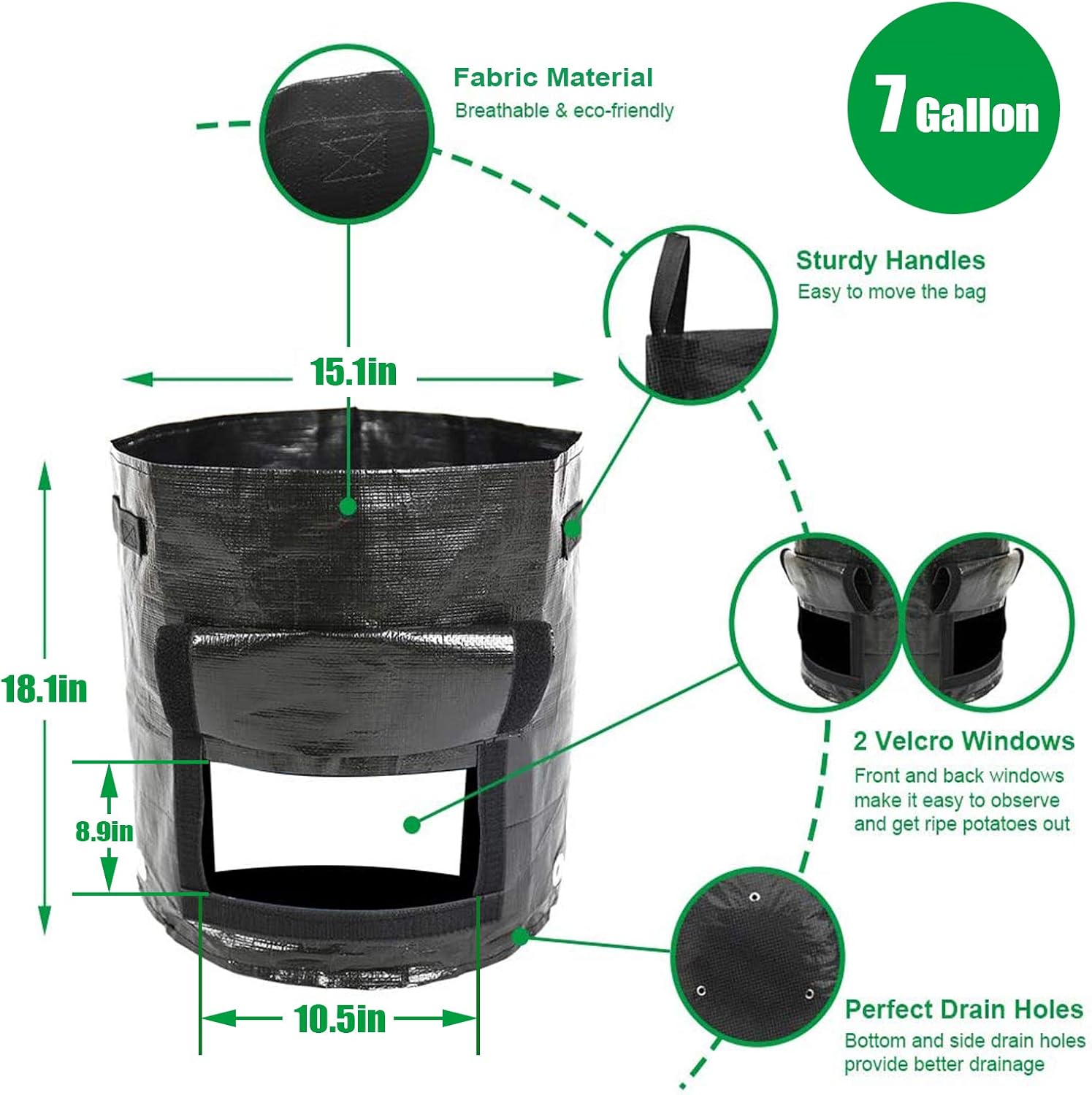 HURRIKANE 7 Gallon Potato Grow Bags, Planting Pots with Two SidesVelcro Windows and Durable Handles, Reusable Washable Grow Pots Waterproof, Smart Pots for Vegetable/Garden(3 Pack/Black) : Garden & Outdoor