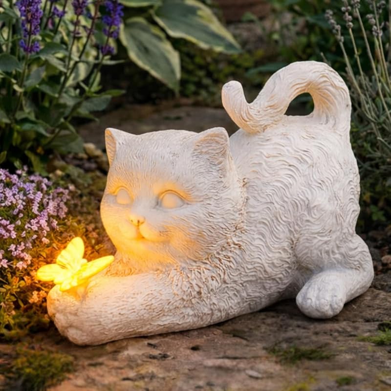 Festive Lights 20cm Solar Cat Memorial Light with Butterfly Warm White LED