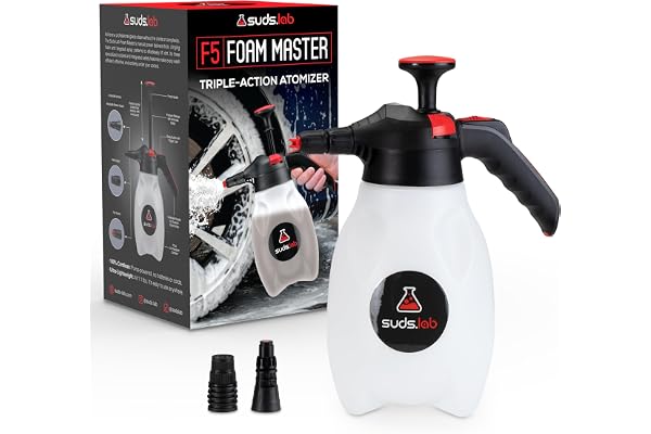 Suds Lab F5 Foam Master - Triple-Action Pump Foam Sprayer with 3 Nozzles, Cordless Hand Pump Bottle for Car Wash & Versatile