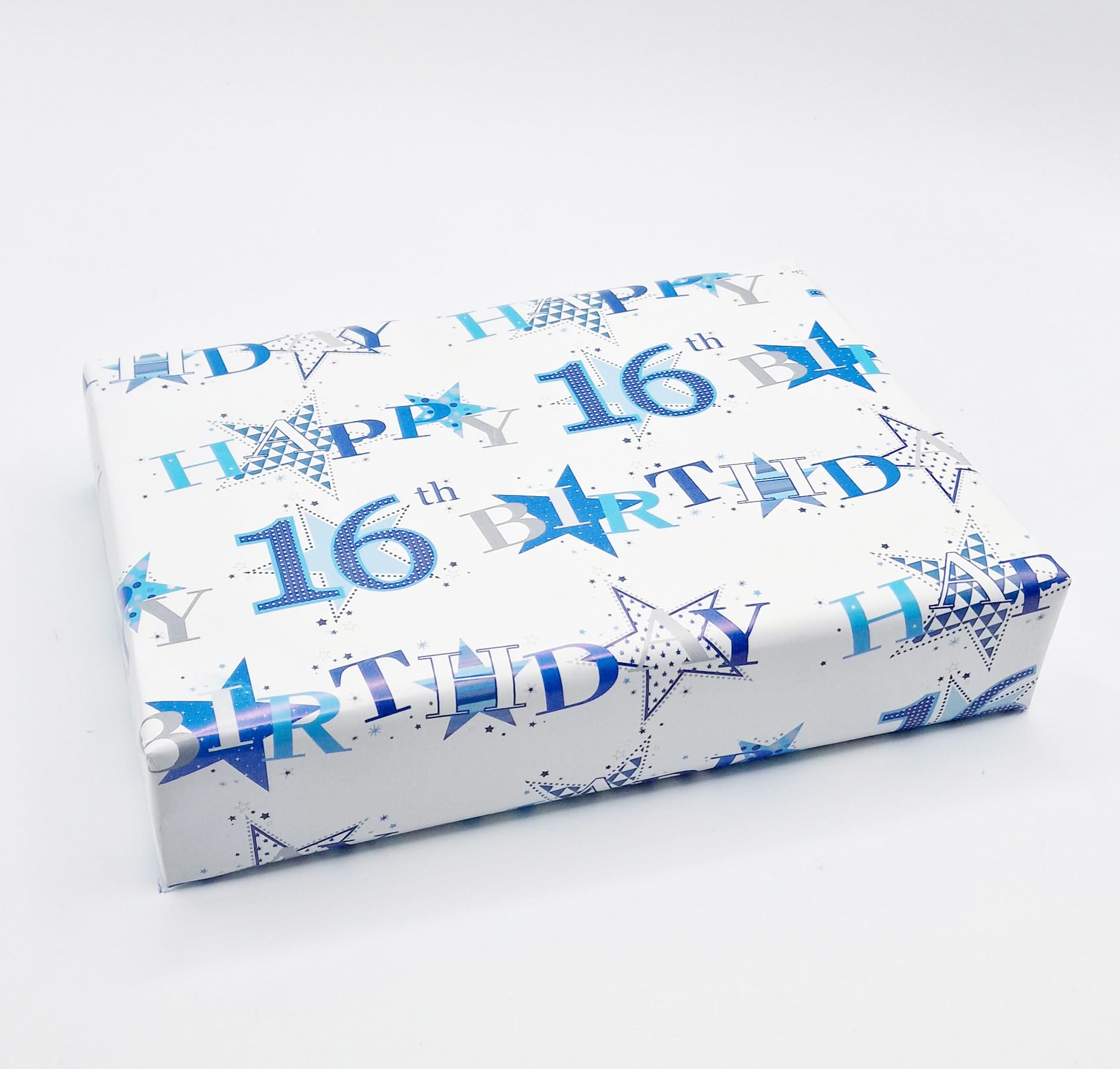 2 Sheets 2 Tags Star Design 16th Birthday Blue Boy Wrapping Paper Age 16 Birthday Gift Wrap Paper Boy Male (PA)
