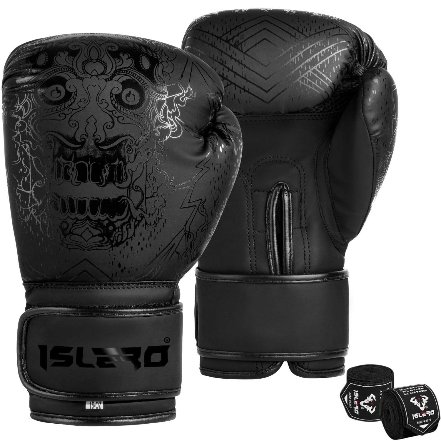 Islero Fitness Matte Black Boxing Gloves Men Punch Bag Women MMA Muay Thai Martial Arts Kick Boxing Sparring Training Fighting Gloves With Hand Wraps (Black, 14 OZ)