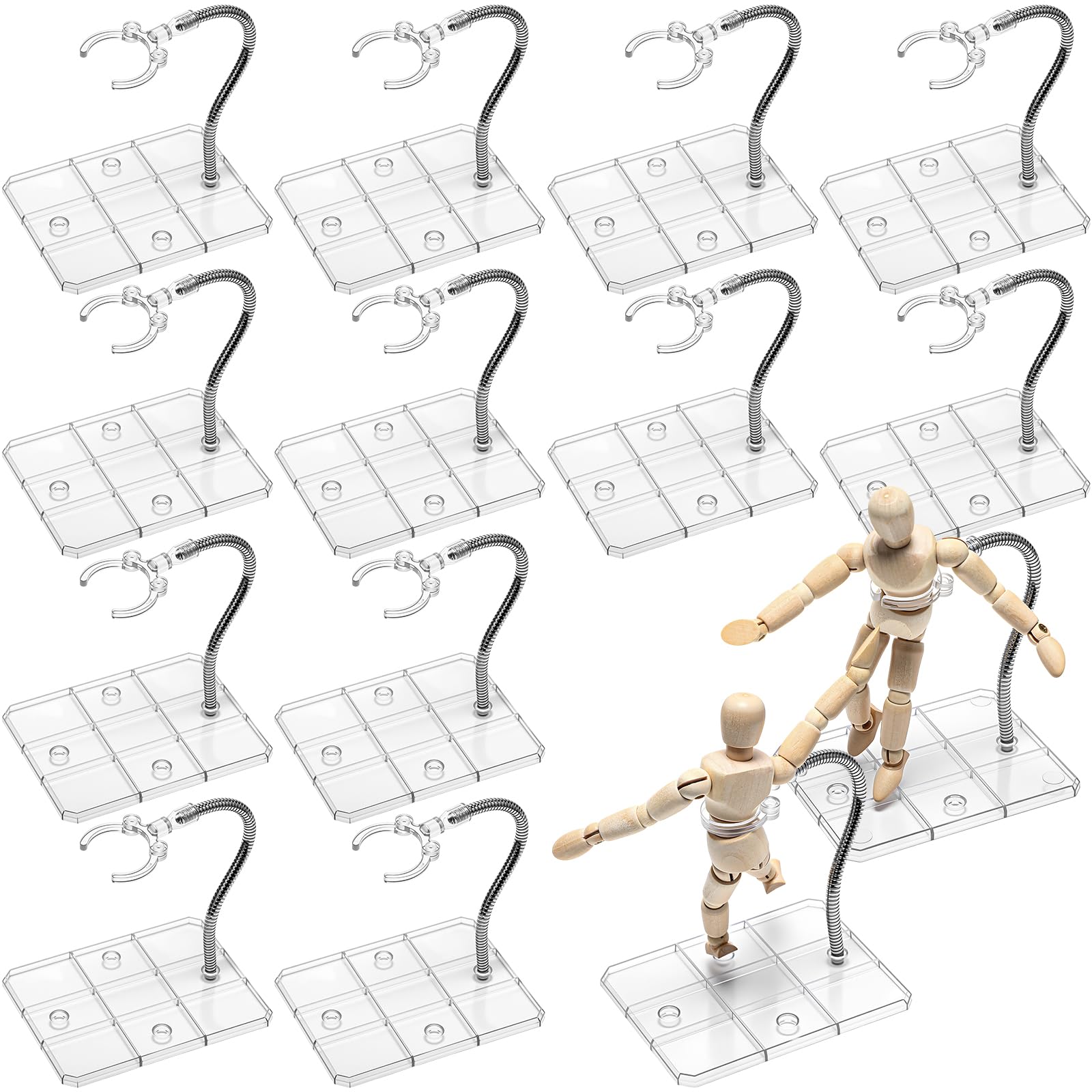 Photo 1 of Wonderjune 12 Pcs Action Figure Stands for 8 to 12 Inches Dolls Flexible Assembled Action Figure Display Holder with Adjustable Metal Support Arm Stands Base (Clear)