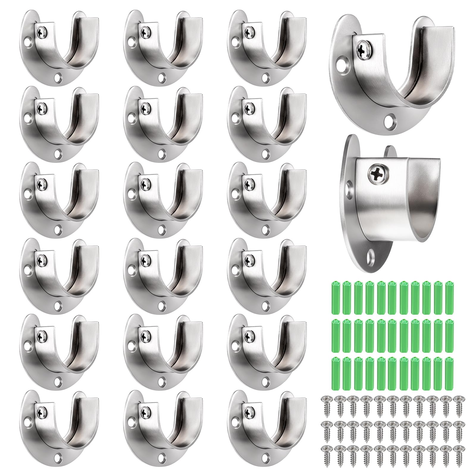 Photo 1 of 20 Pack Closet Pole Sockets Stainless Steel 1-1/4 Inch Metal Closet Rod Holder Heavy Duty U Shaped Closets Rod Bracket Curtain Rods Holders Closets Rods Support End Caps with Screws, Silver