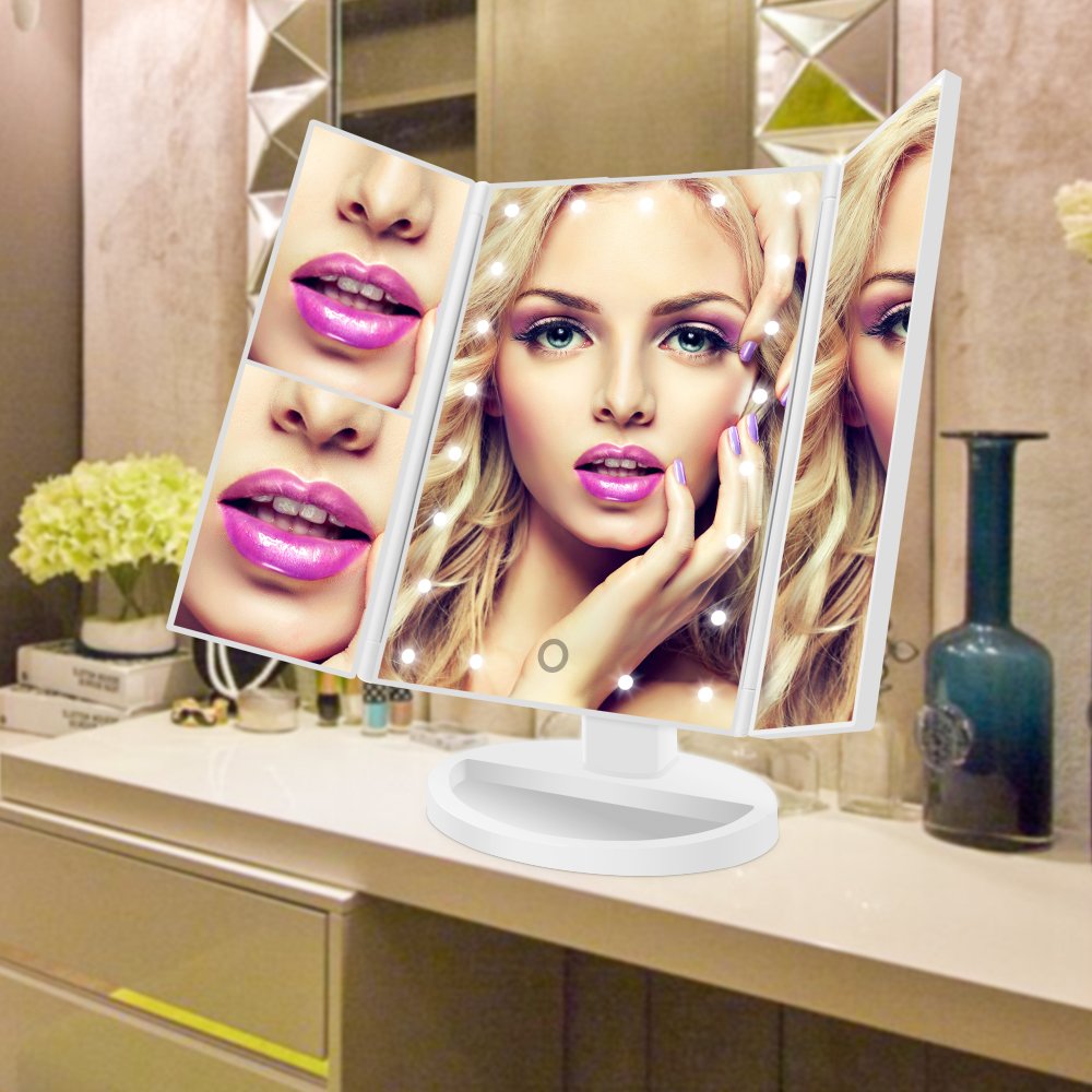 FASCINATE Lighted Makeup Mirror with 21 LED Lights Touch Screen Dimming, Tri-Fold 3X/2X/1X Magnification 180 Degree Rotation Vanity Mirror (White)