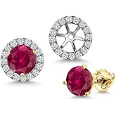 Gem Stone King 2-Tone 14K White Gold and 14K Yellow Gold Personalized and Customized Round 6MM Gemstone Birthstone and White Lab Grown Diamond Removable Jacket Stud Halo Earrings For Women