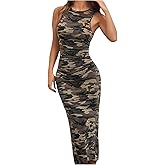 GORGLITTER Women's Camo Print Maxi Bodycon Dress Crewneck Sleeveless Ruched Tank Dresses