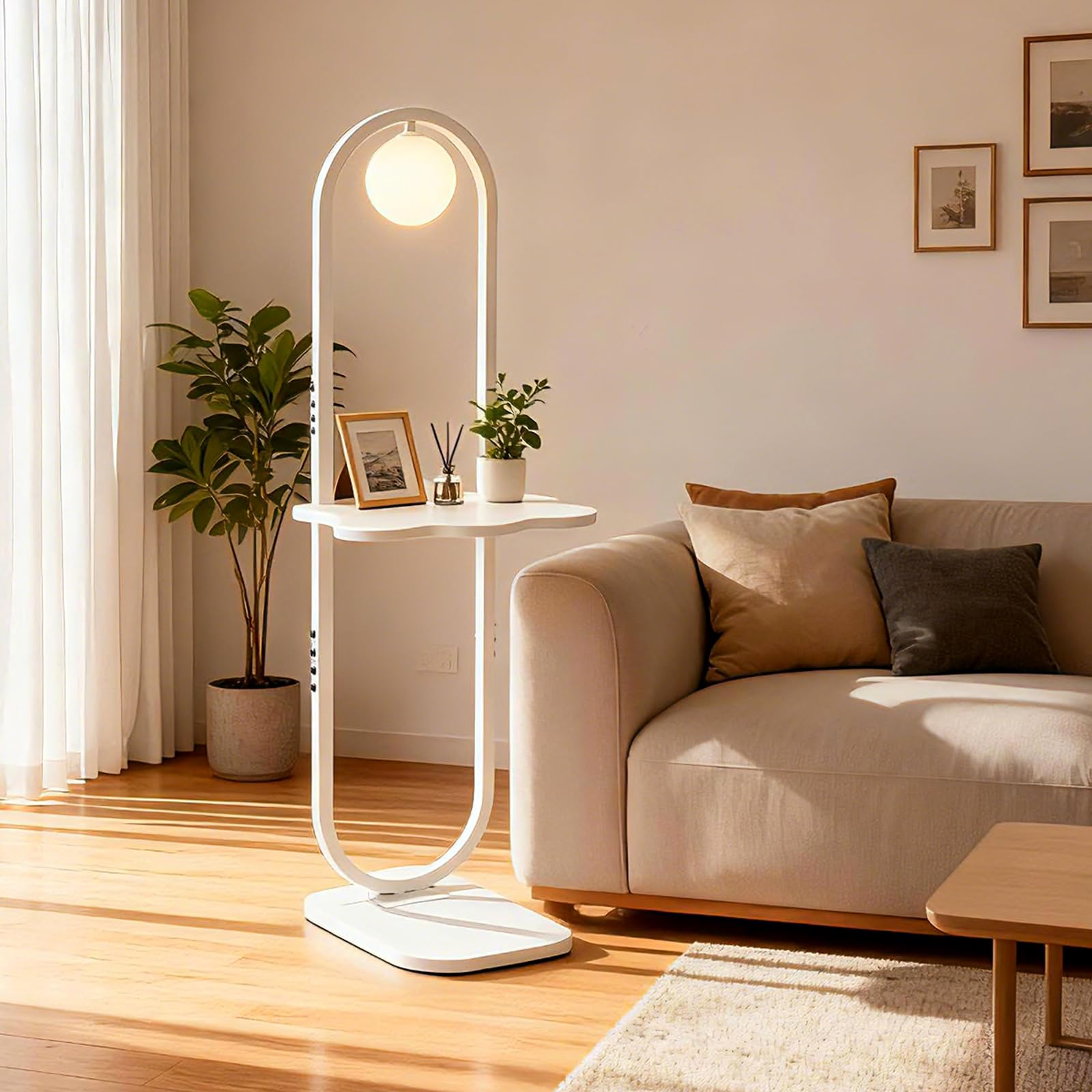 Photo 1 of Lightdot 47-Inch Arch Floor Lamp, Modern Standing Lamp with Table, White Metal Frame with Globe Shade, Living Room Bedroom Lighting, G9 LED Bulb Included for Sofa Beside/Corner Decor