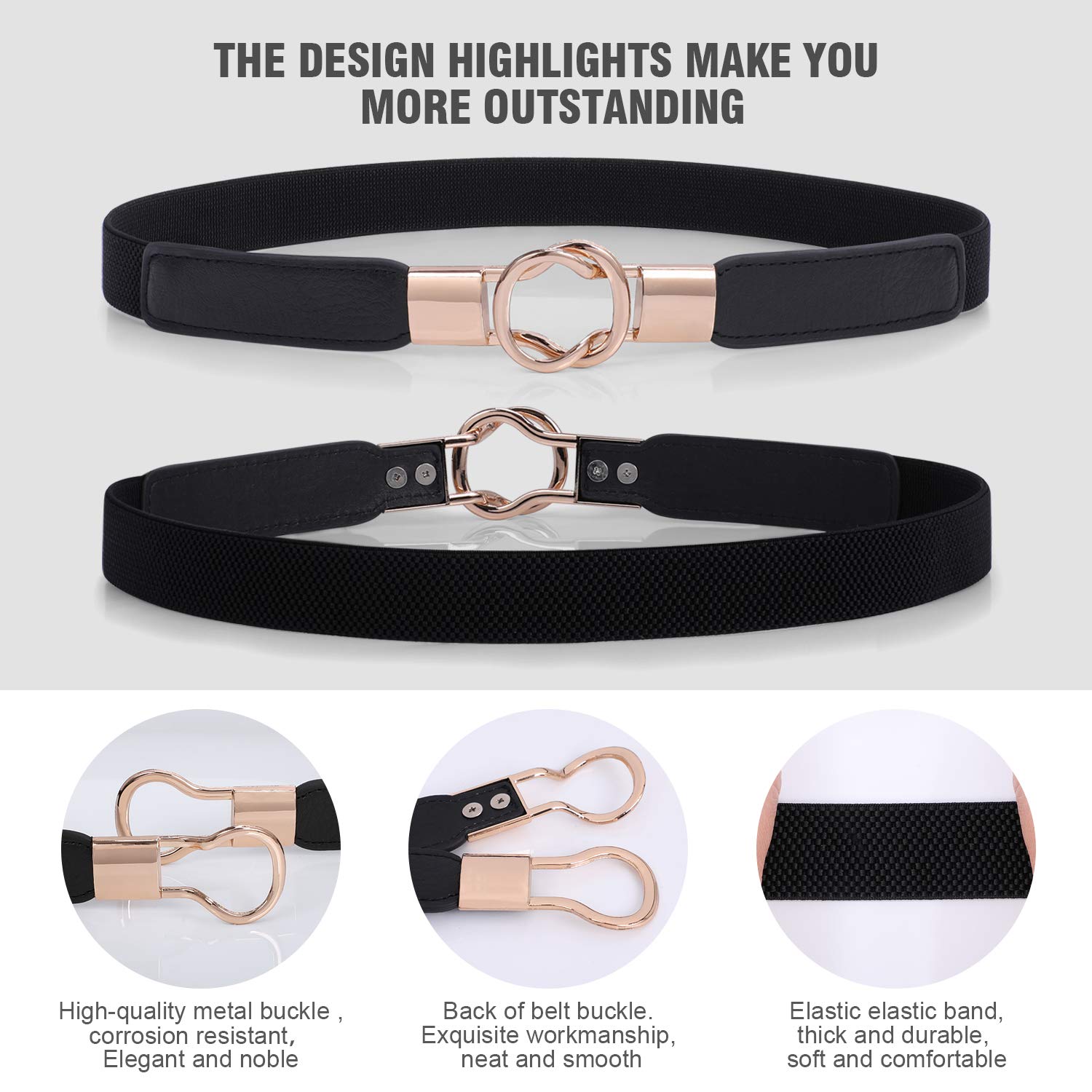 Fashion Womens Waist Belt Skinny for Dress,Ladies Gold Buckle Elastic Retro Belt Plus Size for Jeans,Waistband Skinny Thin Belt,Stylish Stretch Thin Waist Belt,Black+Red+Beige,Suit Waist Size 34\