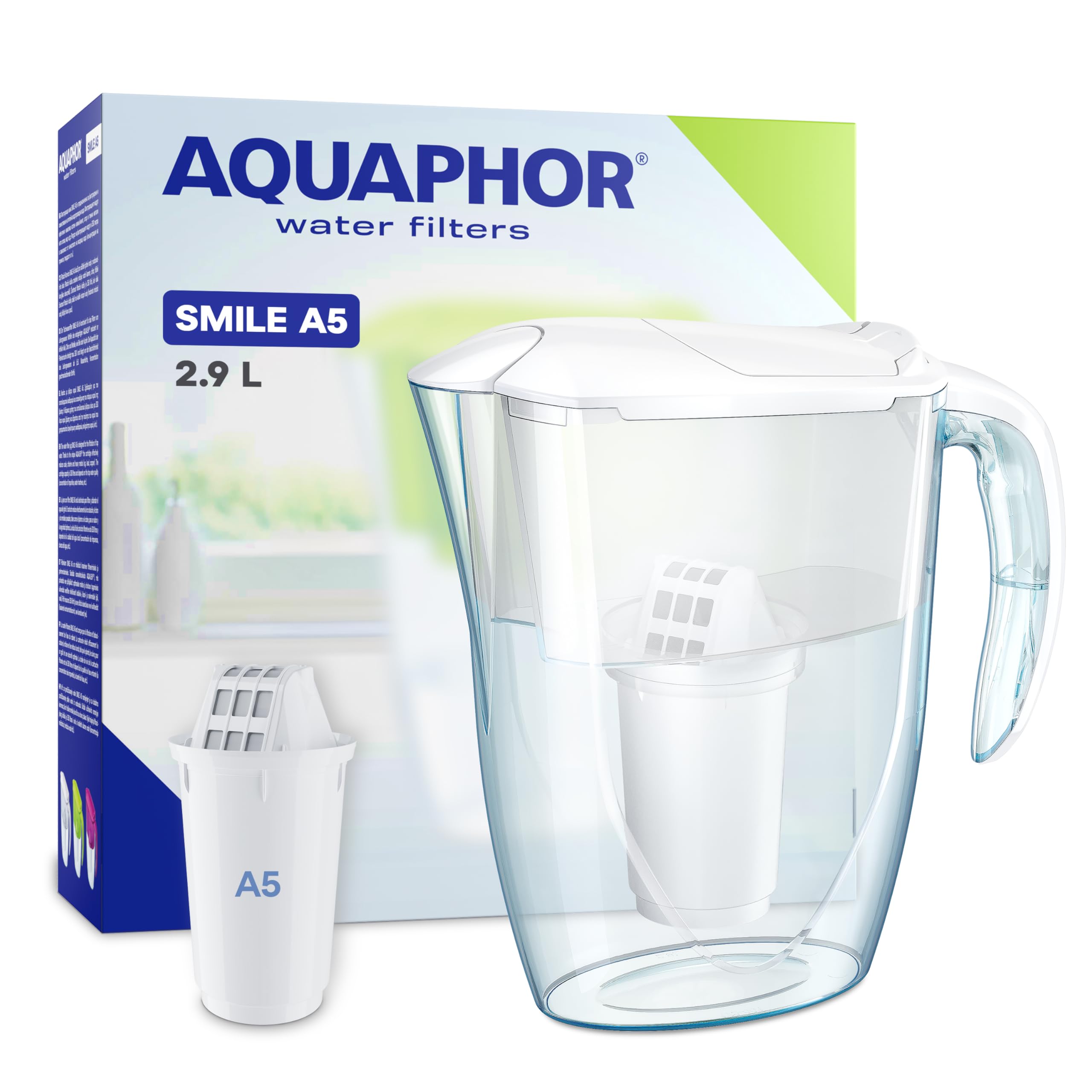 AQUAPHOR Smile Water Filter Jug - 2.9L, Fits Fridge Doors, Lightweight, Space-saving, Includes 1 x A5 350L Filter, Reduces Limescale, Chlorine, Microplastics - White