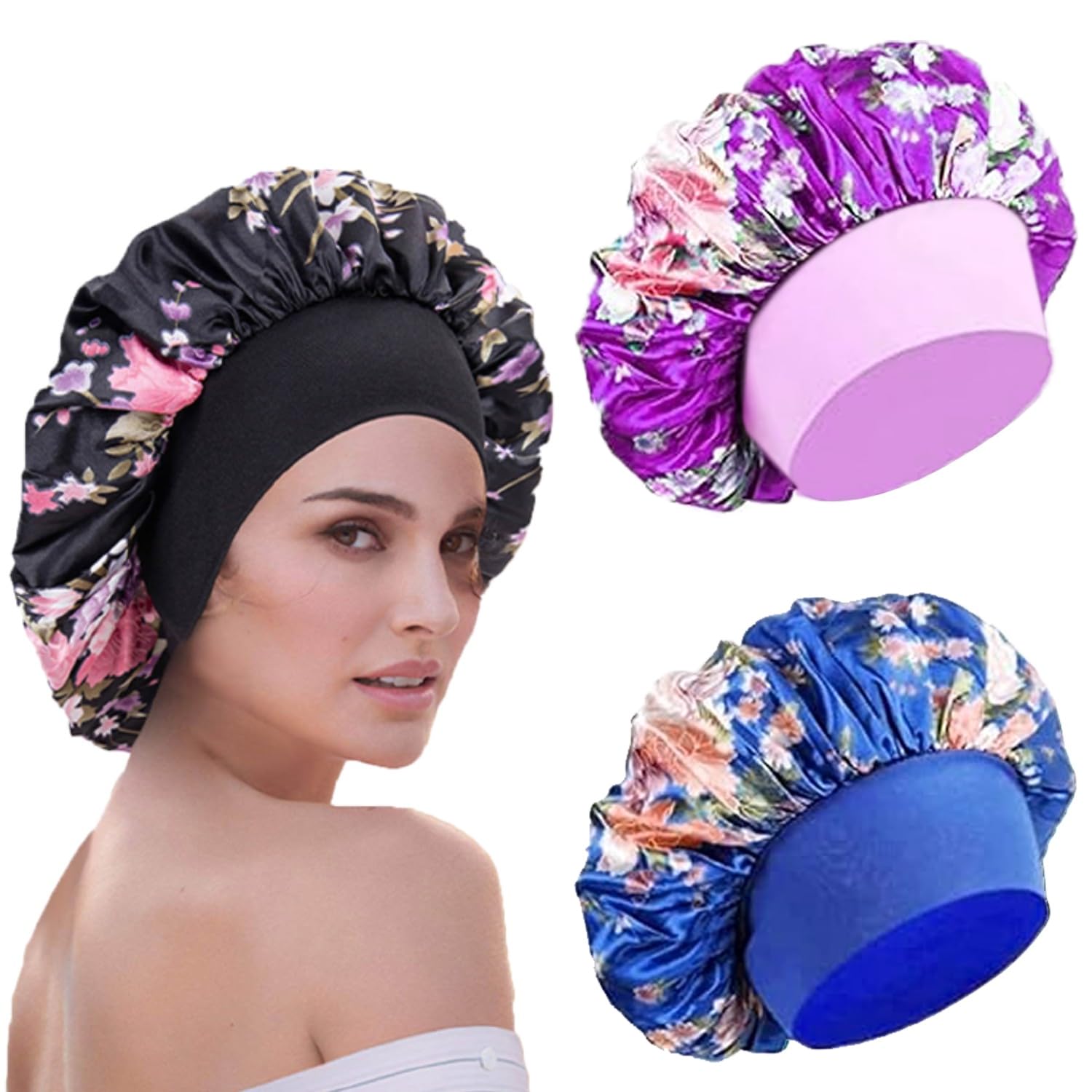 WUBAYI 3 Pcs Soft Satin Bonnet for Women and Girls, Silk Bonnet Hair Wrap for Sleeping, Night Sleeping Head Cover Hair Care Cap for Curly Hair (Purple, Black, Sapphire Blue)