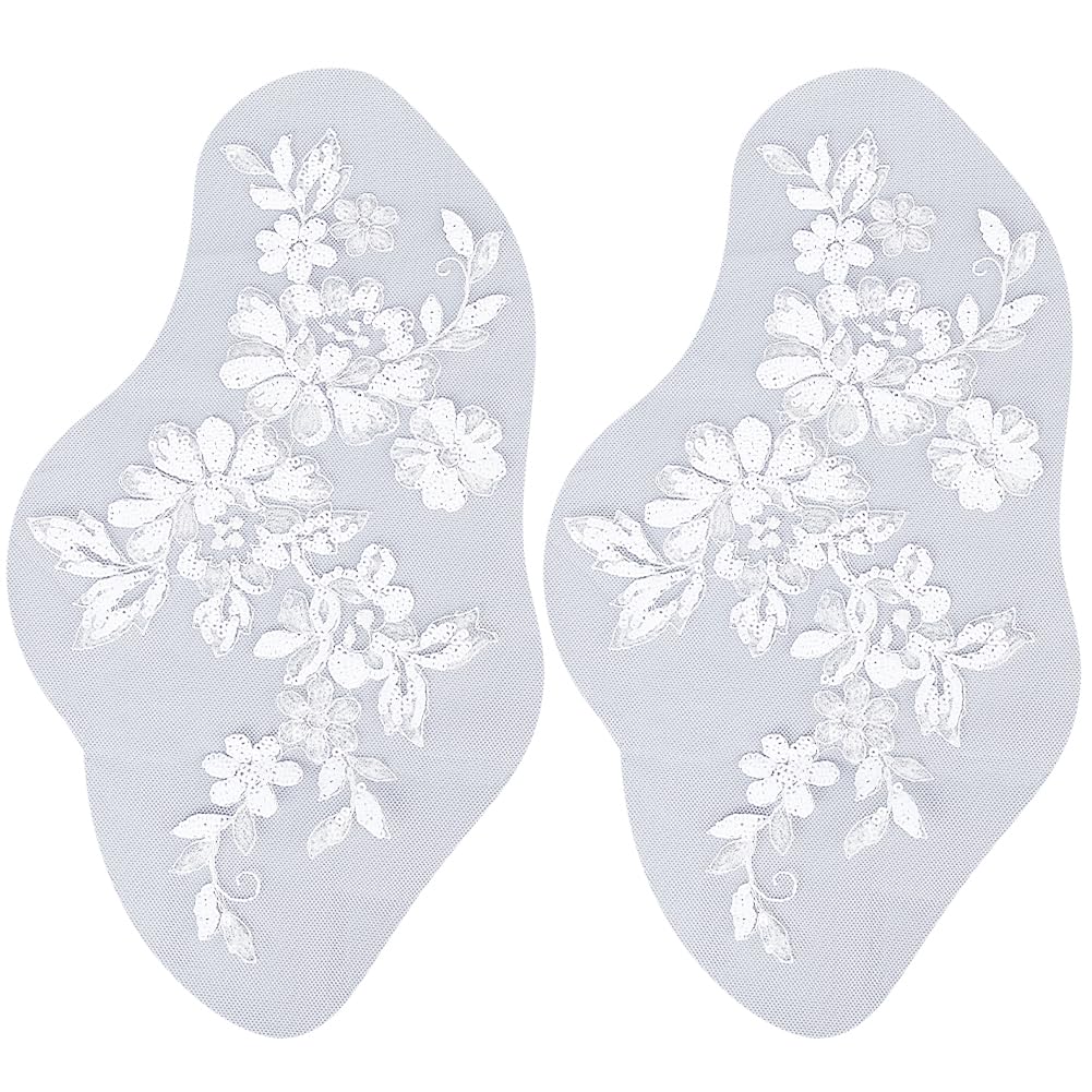 GORGECRAFT 4Pcs Flower Lace Applique Embroidery Sequins Beaded Trim Patches Cloth White Sew on Floral Motif Fabric Collar Patch for Wedding Gown Dress Bridal Clothing Jacket Bag Decor DIY Crafts