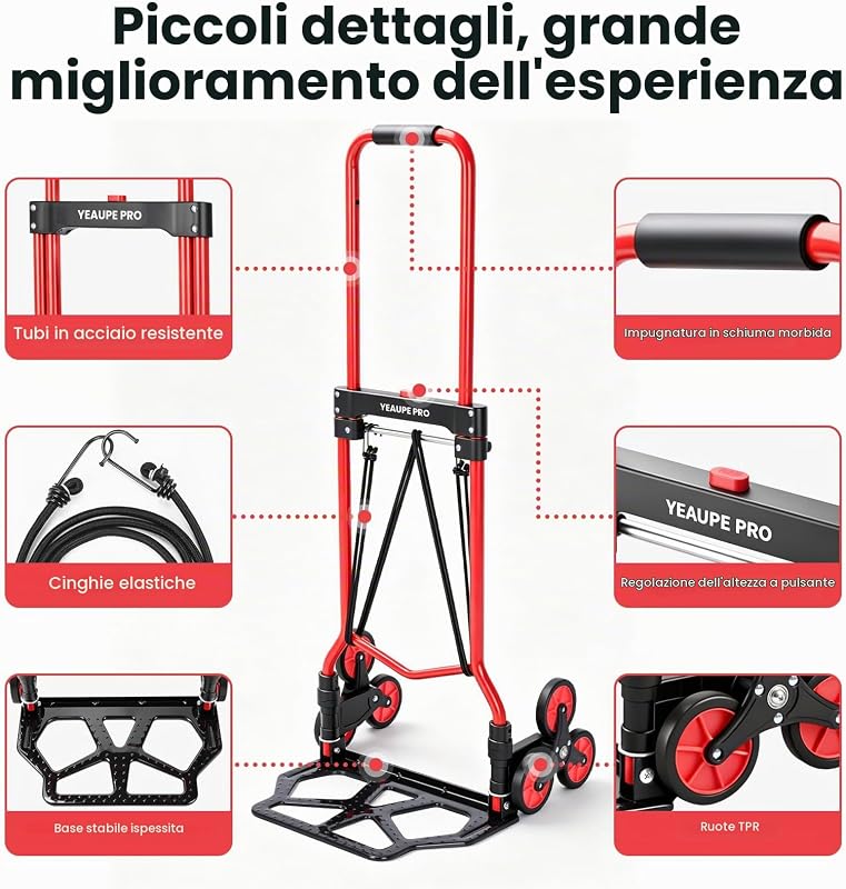 Carrello Saliscale Pieghevole Manico Telescopico 50 kg Rosso