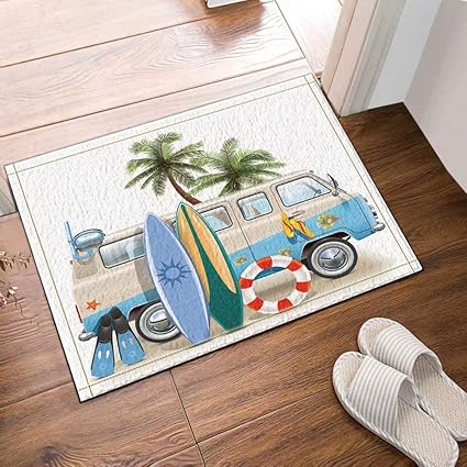 Surfing Decor Tabla de surf Palmera Lifebuoy apoyada en las alfombras