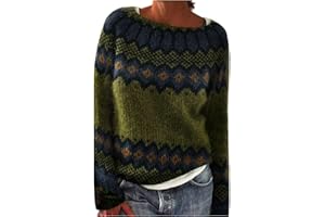 PETYCZEN Fair Isle Sweater Women Casual Long Sleeve Crew Neck Icelandic Sweater Fall Vintage Embroidered Knit Pullover Top