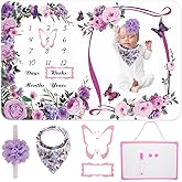 NCTDSUKAY Milestone Blanket for Baby Girl (Purple 60x40 Inches), with Photo Aid Frame, Saliva Towel, Erasable Writing Board, Hair Band, Documenting Growthใ
