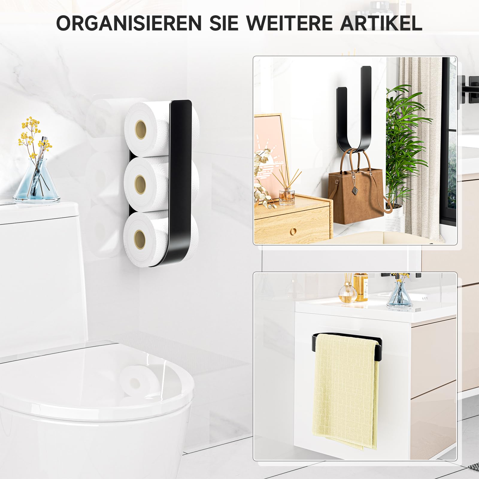 Toilettenpapier Aufbewahrung Wand, Klopapier Aufbewahrung, Toilettenpapierhalter Ohne Bohren, Ersatzrollenhalter Toilettenpapier für 3 Rollen, Selbstklebend Klopapierhalter, Schwarz 9