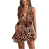 MakeMeChic Women's Cheetah Print Halter Mini Dress Ruffle Tiered Open Back Summer Y2K Dresses